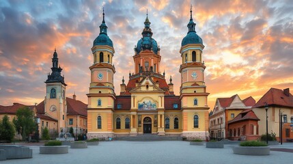 Naklejka premium Cathedral sunrise cityscape square tourism travel