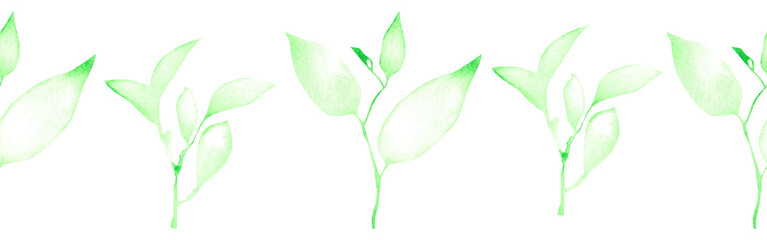 Watercolor leaves border on a white background. Hand-drawn illustration. Perfect for spring and summer.	