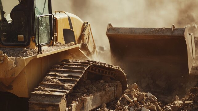 Construction worker operating a bulldozer to clear debris at a building site. Featuring strength and control