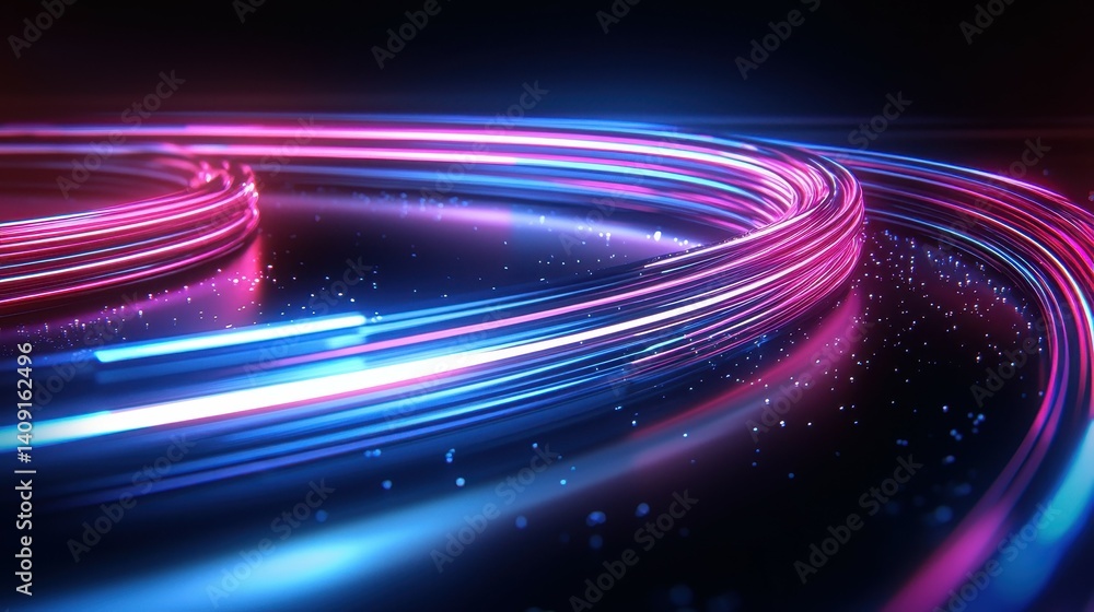 Poster vibrant neon light trails in a dynamic abstract composition.