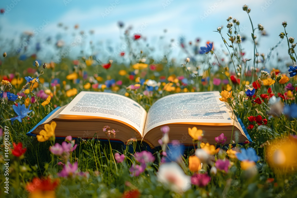 Aufkleber an opened book in wild flower field in wild with variable colors in spring. spring seasonal concept.