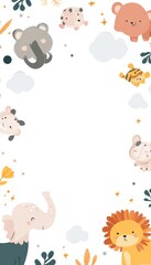 Charming minimalist kindergarten name card design with rounded borders, tiny animals, and sparkles