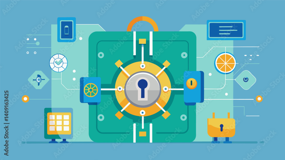 Poster a virtual vault with intricate locks and passcodes safeguarding important information through layers