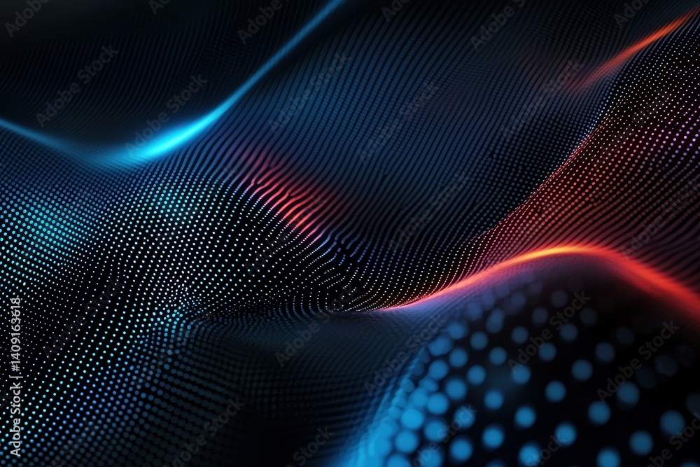 Poster abstract waves of blue and red light with dotted patterns creating a dynamic visual.