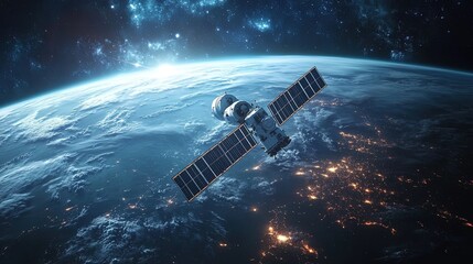 Satellite Orbiting Earth at Sunrise