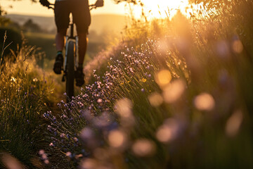 Close-up of lavender flowers at sunrise with golden light and soft focus background