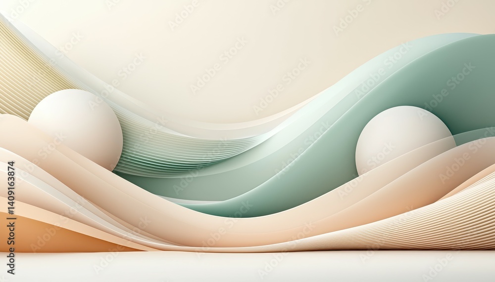 Poster abstract waves in soft pastel colors with spherical elements create a serene atmosphere.