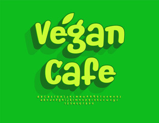 Vector Eco flyer Vegan Cafe. Green Handwritten Font. Bright Isometric Alphabet Letters and Numbers set.