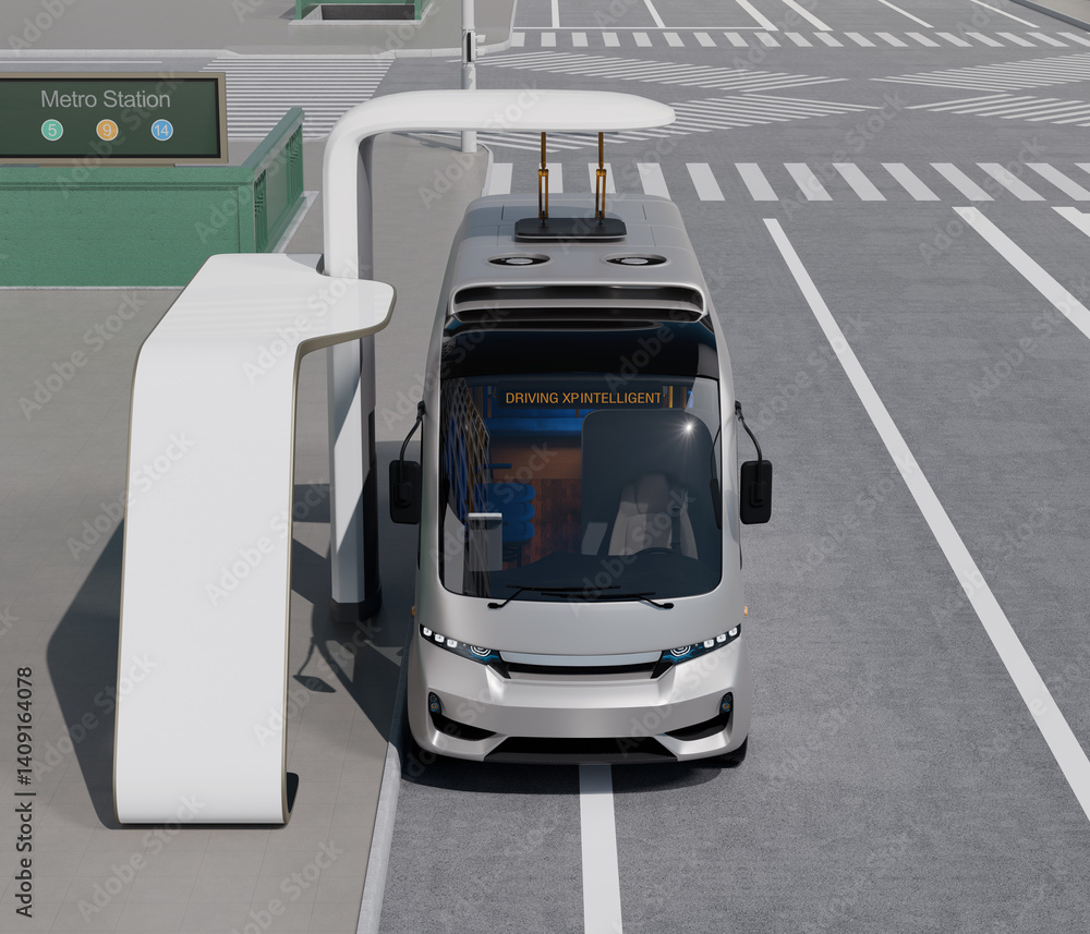 Poster front view of an electric bus charging at bus stop by high power pantograph charger. 3d rendering im