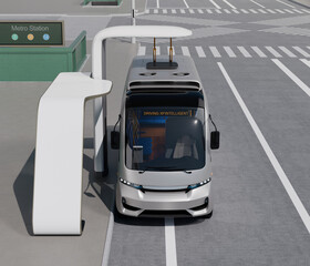 Front view of an Electric Bus charging at bus stop by high power pantograph charger. 3D rendering image.
