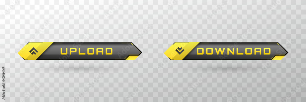 Poster futuristic upload and download ui buttons in metallic black and yellow