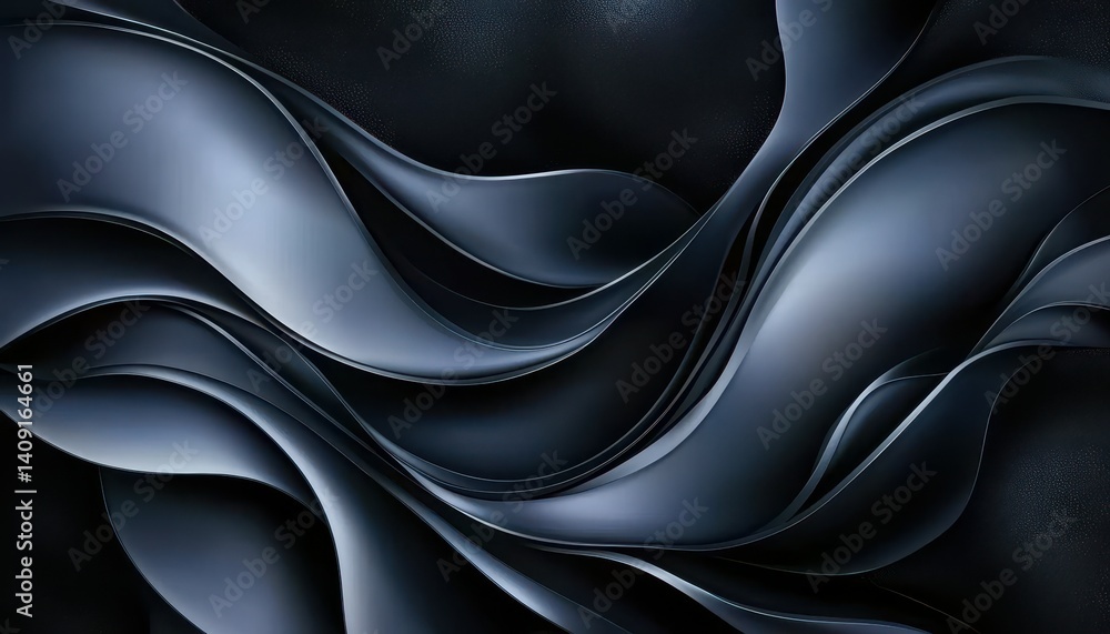 Poster abstract dark waves of flowing shapes creating a sense of depth and movement.