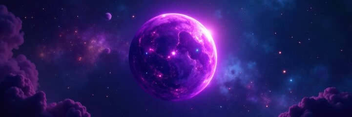Obraz premium Glowing purple planet surrounded by stars and galaxies, cosmic, astronomy
