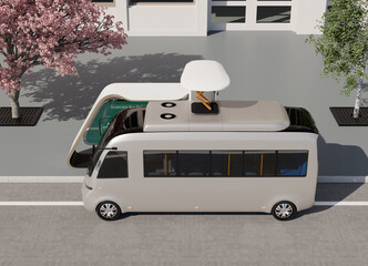 Side view of Electric bus charging at bus stop by high power pantograph charger. Urban street background. 3D rendering image.
