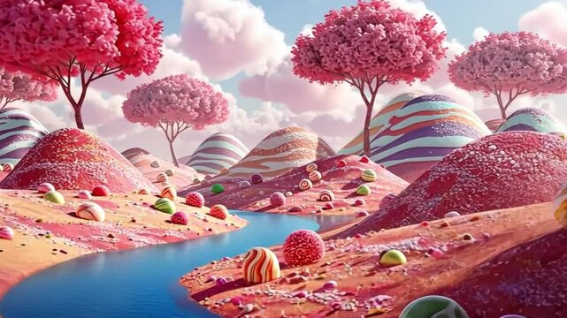 Candy land landscape with pink trees and river fantasy world sweet hills dessert background illustration