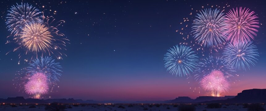 A clear desert night sky filled with fireworks bursting over the horizon.