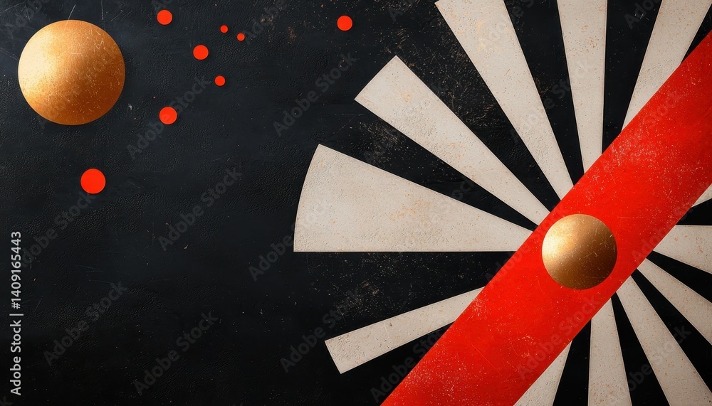 Poster an abstract design featuring gold and red elements on a dark background.