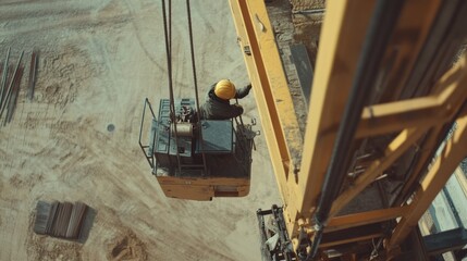 Construction worker operating a crane at a construction site. Featuring skill and precision