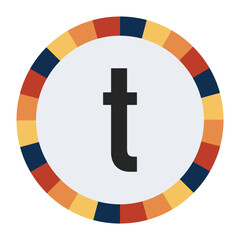 Modern lowercase Letter t with Orange to Yellow Gradient, Framed by Vibrant Blue, Red, and Yellow Segments