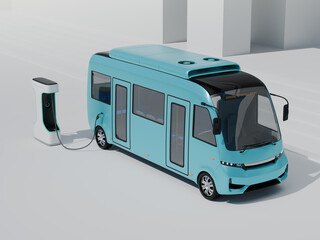 Electric Bus charging on monolithic background. Generic design. 3D rendering image.