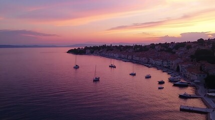 Fototapeta premium Coastal town harbor at sunset, yachts in marina, vibrant colors