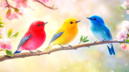 Obraz premium Colorful birds perched on a blooming branch in spring
