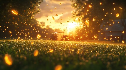 Coins falling on golf course, mower in sunny background. For financial services