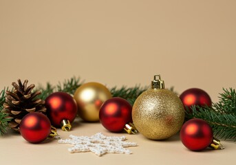 closeup of christmas decorations over beige background