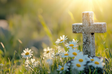 Spring flowers and cross close-up, sunlight and stone textures add charm to Easter countryside display