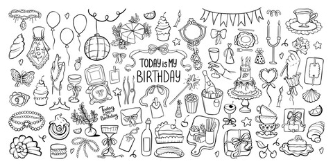 Large birthday doodle set. Collection of vintage holiday items. Whimsical hand-drawn Sketch party decoration, gift box, cake glass. Background in coquette aesthetic style. Vector outline illustration.
