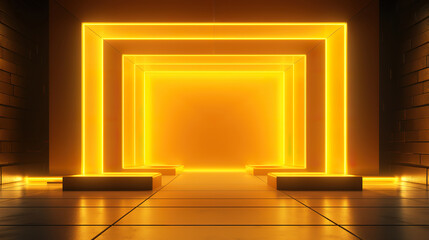 Magical Tunnel Entrance with Yellow Neon Light and Square Windows