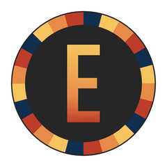 Gradient CAPITAL Letter E in Warm Orange, Red, and Yellow with Circular Frame in Blue, Red, and Yellow Tones, enclosed in a black frame.