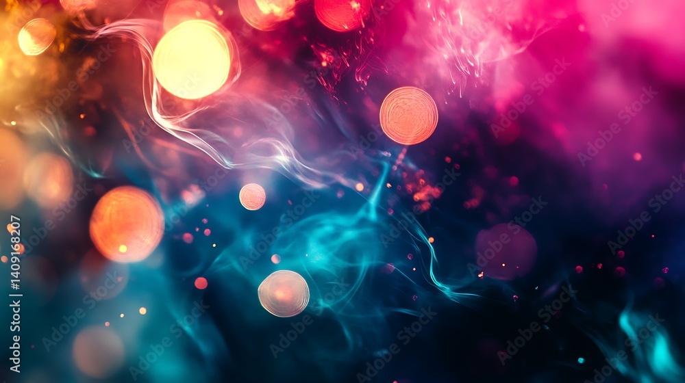Poster abstract colorful background with bokeh light and ethereal smoke in dynamic composition