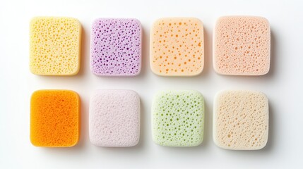 Colorful Cleaning Sponges Arranged in a Pattern on a Light Background for Kitchen Use