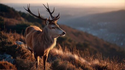 Obraz premium A regal stag stands proudly at sunset, overlooking a serene mountain landscape.