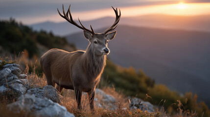 Wild red deer standing tall on rocky terrain with a stunning sunset horizon in the background.