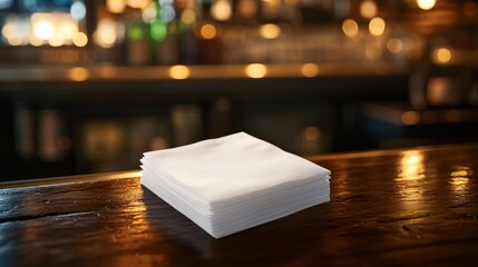 Elegant mockup of white paper napkins in a cozy bar with inviting lighting and depth of field