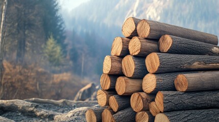 Stacked Logs in a Natural Setting with Mountains and Forest in the Background