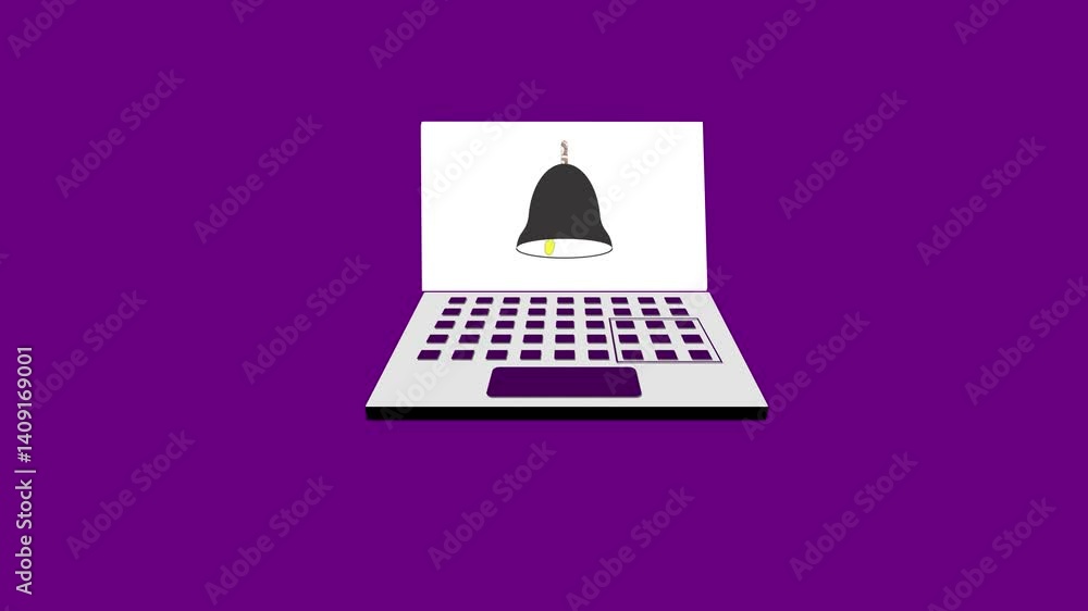 Poster laptop computer with a permeated bell displayed on a white background, representing digital technolo