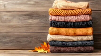 Cozy Fall Sweaters Stacked on Wooden Surface with Autumn Leaves for Seasonal Fashion Inspiration