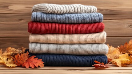 Cozy Stack of Knitted Sweaters with Autumn Leaves on Wooden Background
