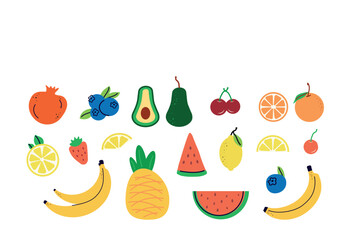 Natural tropical fruits, citrus orange, vitamin lemon, avocado, strawberry, pineapple. Hand-drawn for print, banner, poster, social network. art  cute icons, isolated icons on a white background.