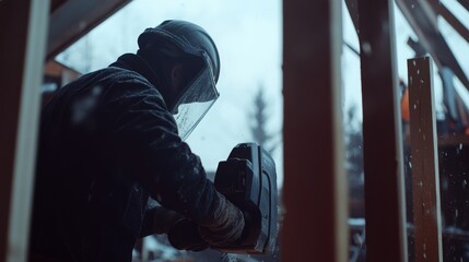 Construction worker operating a power saw to cut through wood. Featuring accuracy and safety
