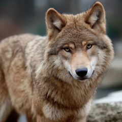 Sharp portrait of a wild wolf with golden eyes, showcasing its strength and alert nature.
