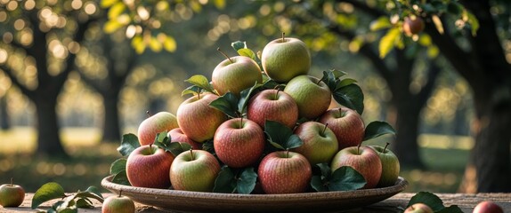 Apples on a plate and some apple trees as background.