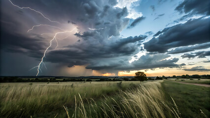 "Dramatic Lightning Strike Over Rural Field During Thunderstorm at Sunset"