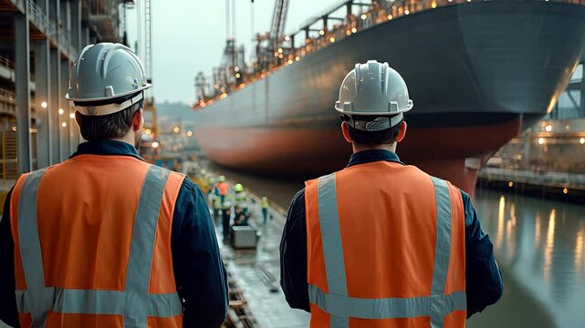 Two shipyard workers in safety vests and helmets overseeing massive cargo ship construction at industrial dockyard site

