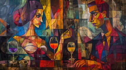 Fototapeta premium a cubism style oilpainting, a women wearing dress and a gentleman in the salon, very detailed, wide angle,
