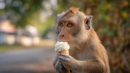 Obraz premium Monkey enjoying delicious ice cream cone outdoors