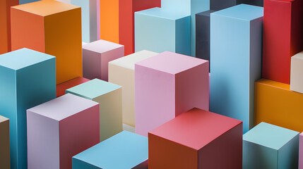 Colorful Cuboid Composition: A vibrant abstract composition of assorted cuboid blocks in a spectrum of saturated hues, offering a modern and minimalist design aesthetic.